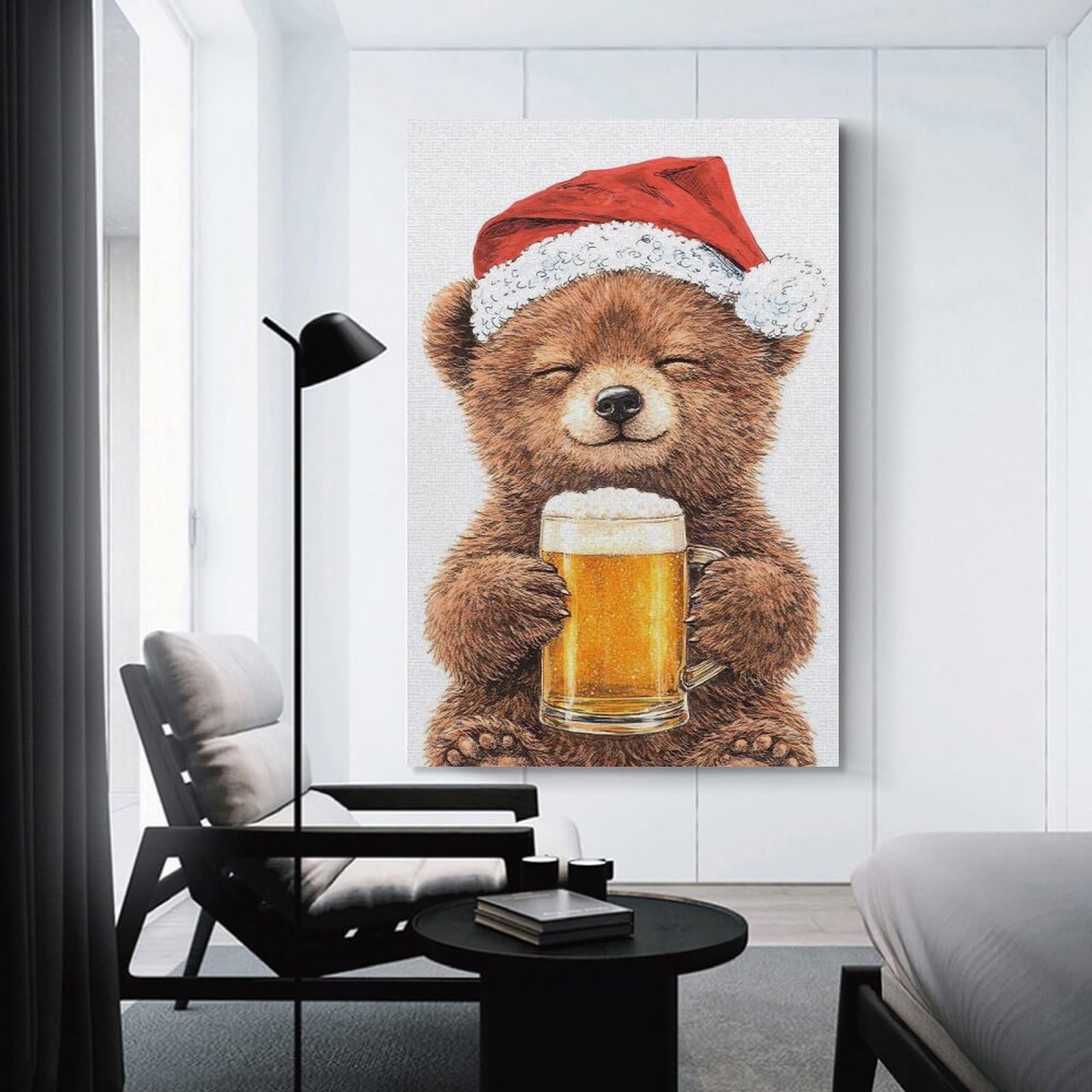 Junmoney Unframe-Style-3-1 Wall Decor Canvas Print Cute Bear In Santa Hat With Beer, 16X24inch(40X60cm), For Bedroom, Lounge Or Dressing Area, Stylish Decor For A Restful Room Update