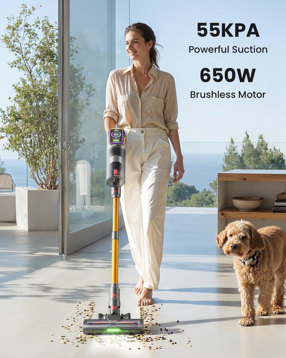 Cordless Vacuum Cleaner,55KPa 650W 65Mins Vacuum Cleaners for Home,Stick Vacuum with LED Display Anti tangle Brush and Self Standing Design,Vacuum Cleaner for Hardwood Floors,Carpet,Pet Hair,Car