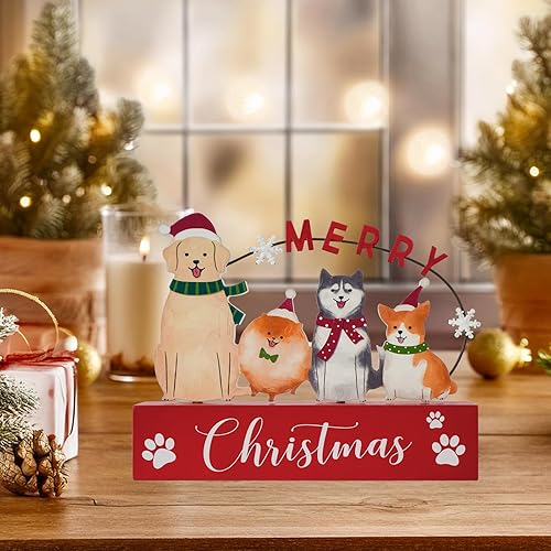 Miniatura 6 de Decoraciones de Navidad para el hogar, decoración de Navidad, letrero de madera lindo para perro con hierro, rústico de granja, bloque de mesa