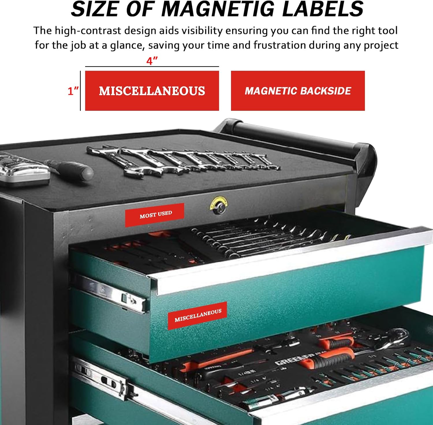Magnetic Toolbox Organization Labels, 84 Magnetic Tool Chest Label Stickers, Tool Box Accessories for Tool Box Drawers, Fits All Brands of Steel Tool Chest Organizer- Red, 4 x 1 Inches
