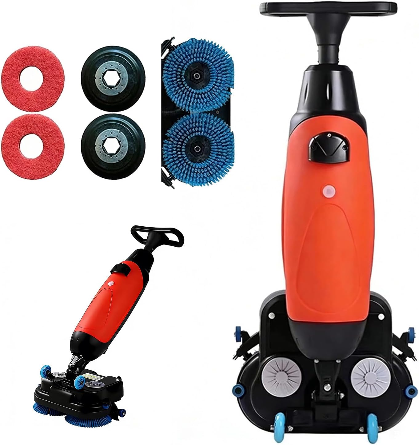 17" Commercial Tiles Floor Scrubber Machine with Double Brush Disc Battery-Powered Multi-Functional Floor Buffer Machine 360°Rotation, Coverage 13000 Sqft/H, 4L+6L Dual Tanks Grey (Red)