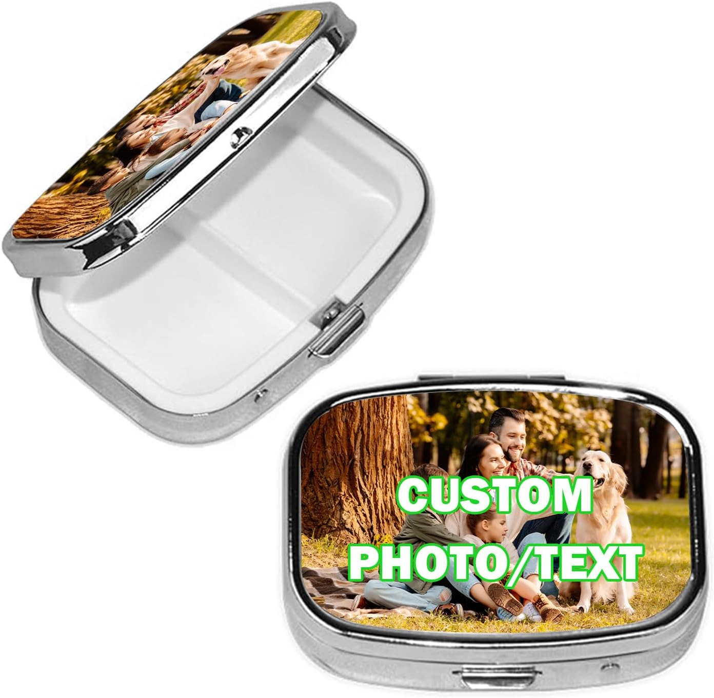 Custom Pill Box Organizer Travel With Photo,Logo,Text Personalized Metal Medicine Pill Case Waterproof Tablet Vitamin Holder Organizer for Purse Pocket Travel Gifts with Mirror&Key Rings 2 Compartment