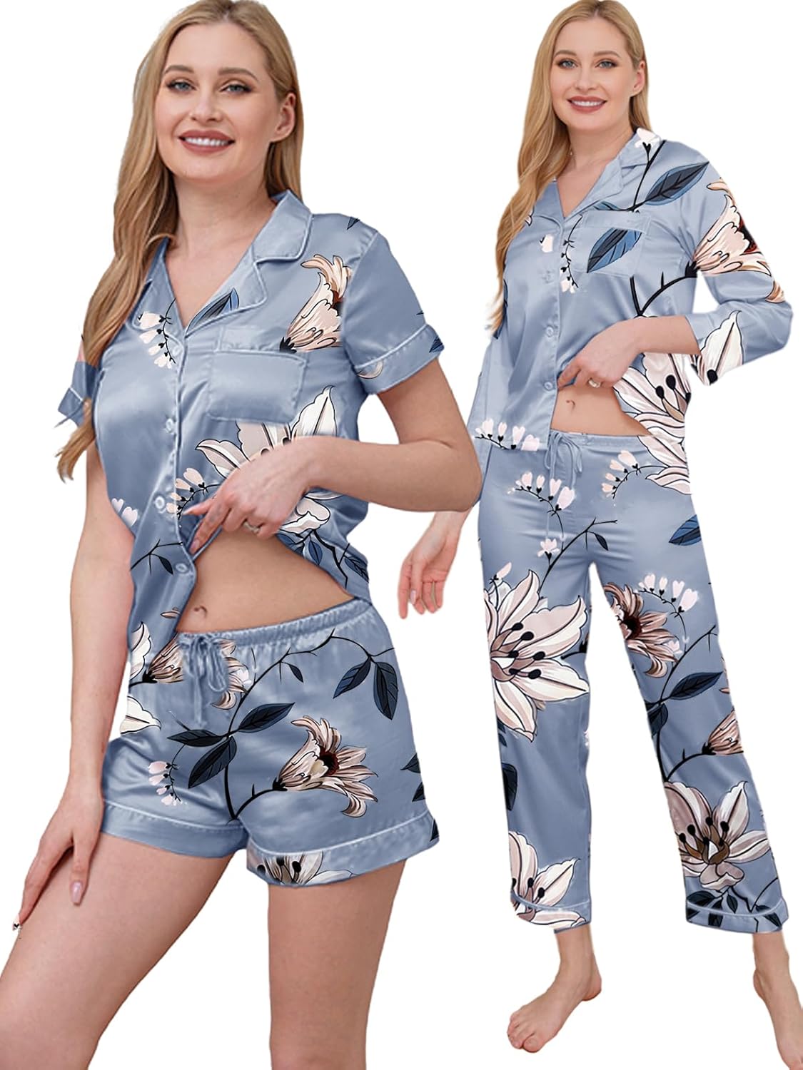 4Pcs Womens Silk Satin Pajama Sets Floral Pajamas Silky Pj Sets XS-2XL Button Down Pjs Set Loungewear Sleepwear - Image 2