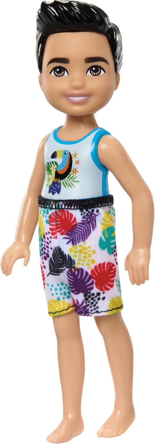 Barbie Chelsea Small Doll Featuring Swimsuit with Toucan & Tropical Leaf Graphic Print, Black Hair & Brown Eyes
