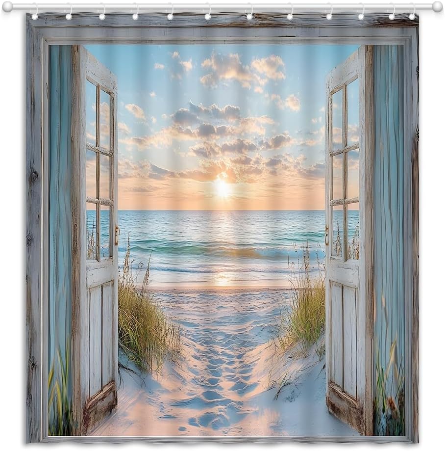 Beach Coastal Shower Curtain 48 x 88 in (120 x 220 cm) Teal Sunrise Seaside Seascape Nautical Shower Curtain Set Rustic Farmhouse Decor Bathroom Accessories Fabric Waterproof with Hooks