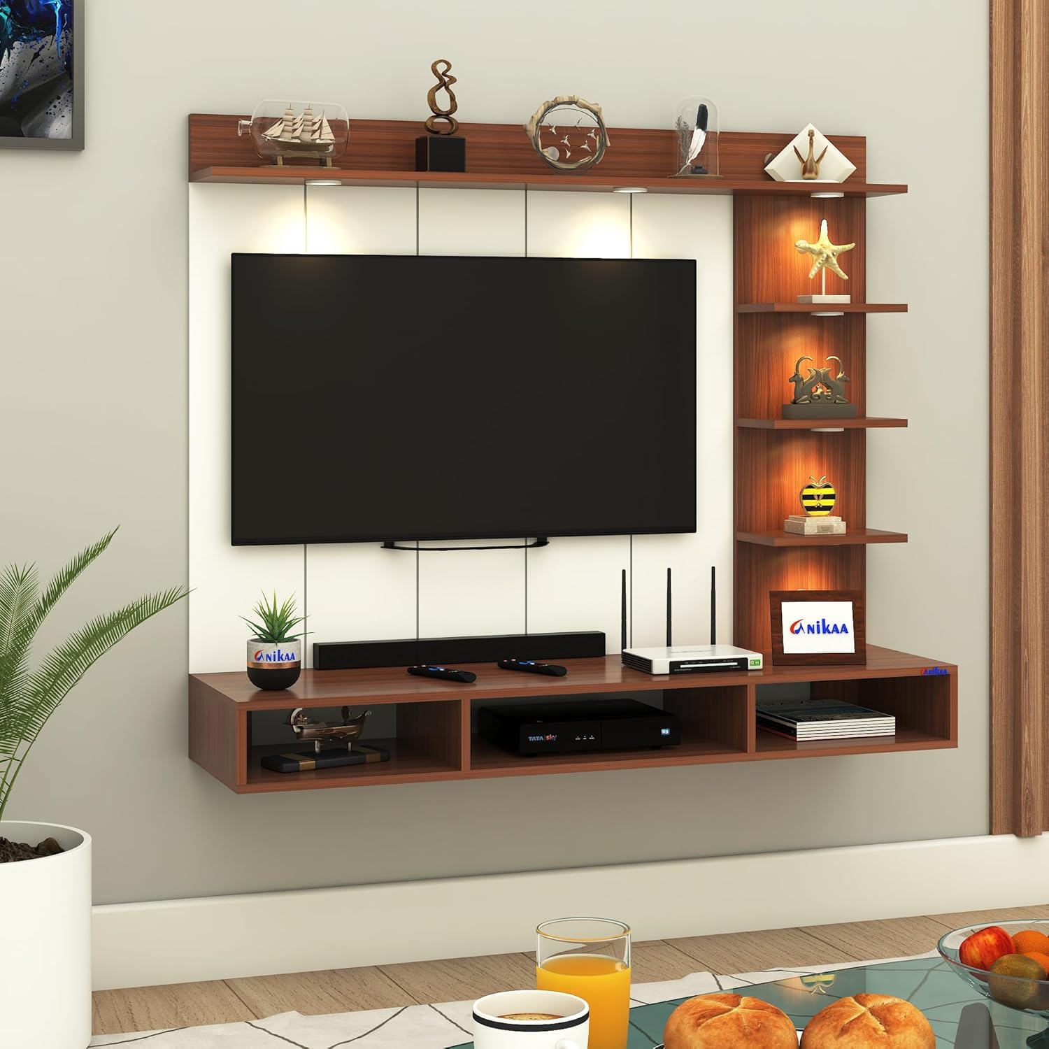Tyron Engineered Wood Wall-Mount TV Unit with PVC Back Panel & LED Lights – Modern TV Cabinet with Storage Box & Decorative Display Shelves in Walnut Finish – Suitable for TVs up to 43 Inch-image-40
