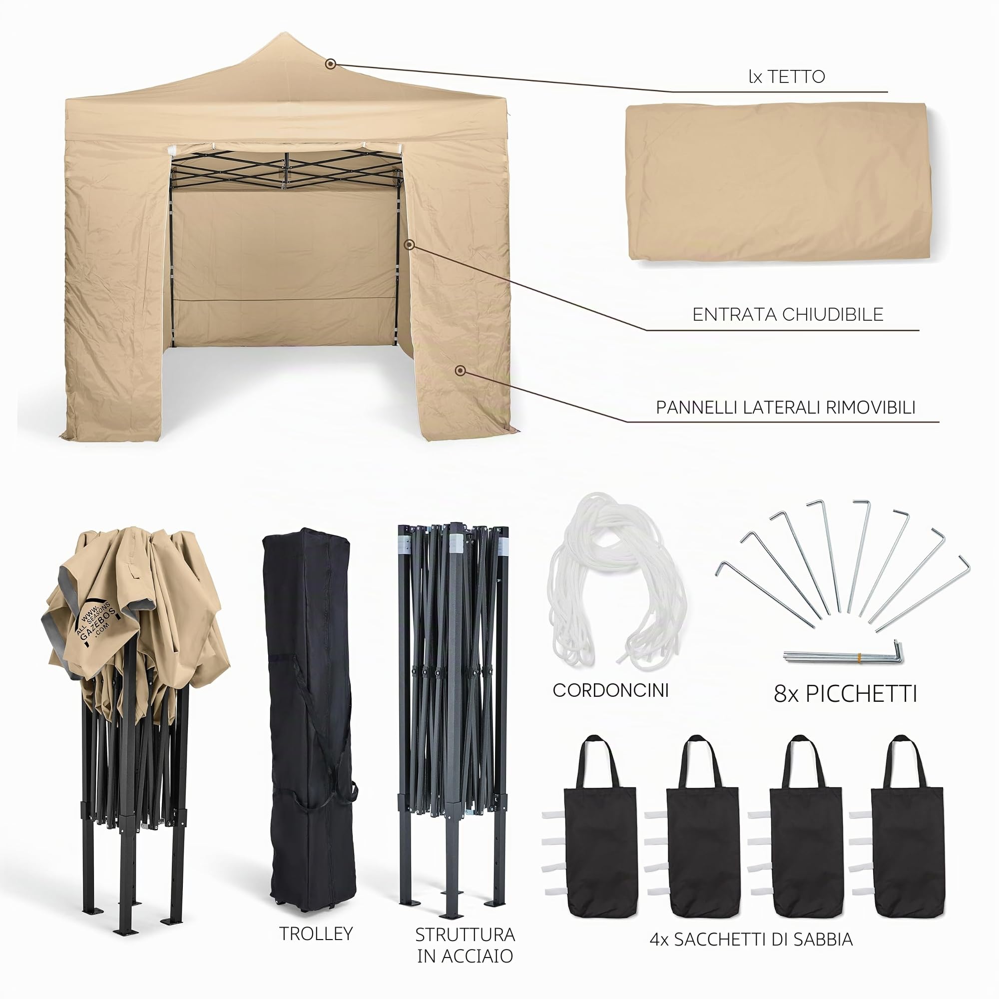 All Seasons Gazebos: Gazebo pop-up 3x4.5m completamente impermeabile con 4 pareti laterali - Beige