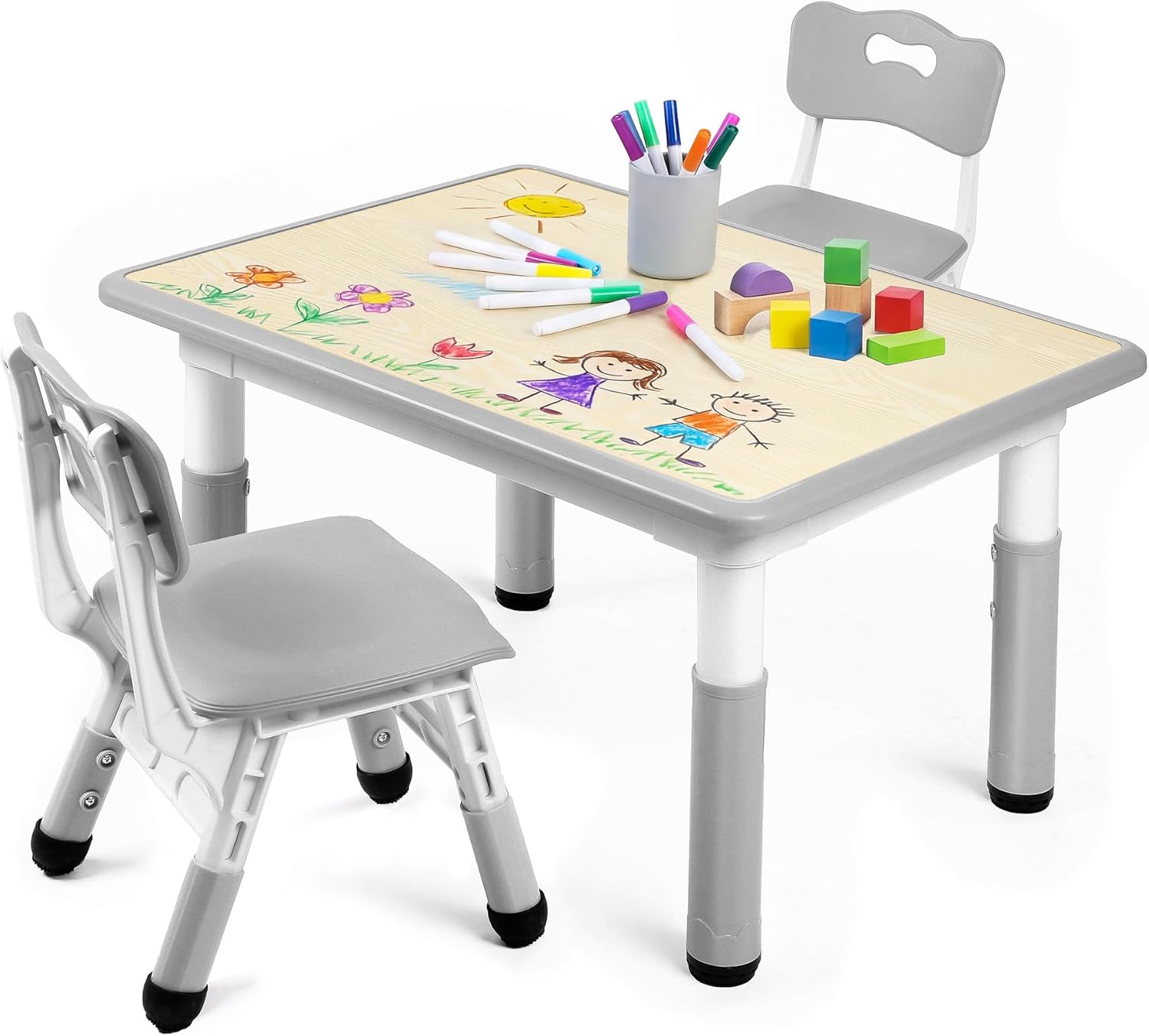 Kinder King Kids Table & 2 Chairs Set, Height Adjustable Graffiti Tabletop, Children Activity Table, Toddler Furniture Set for Classroom, Daycare, Home, Age 3+, Grey
