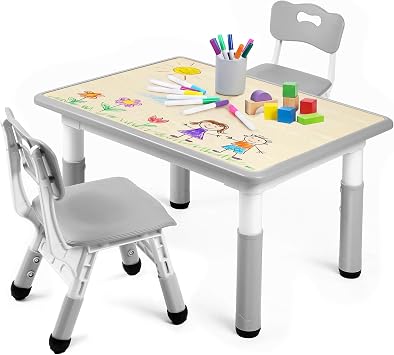 Kinder King Kids Table & 2 Chairs Set, Height Adjustable Graffiti Tabletop, Children Activity Table, Toddler Furniture Set for Classroom, Daycare, Home, Age 3+, Grey