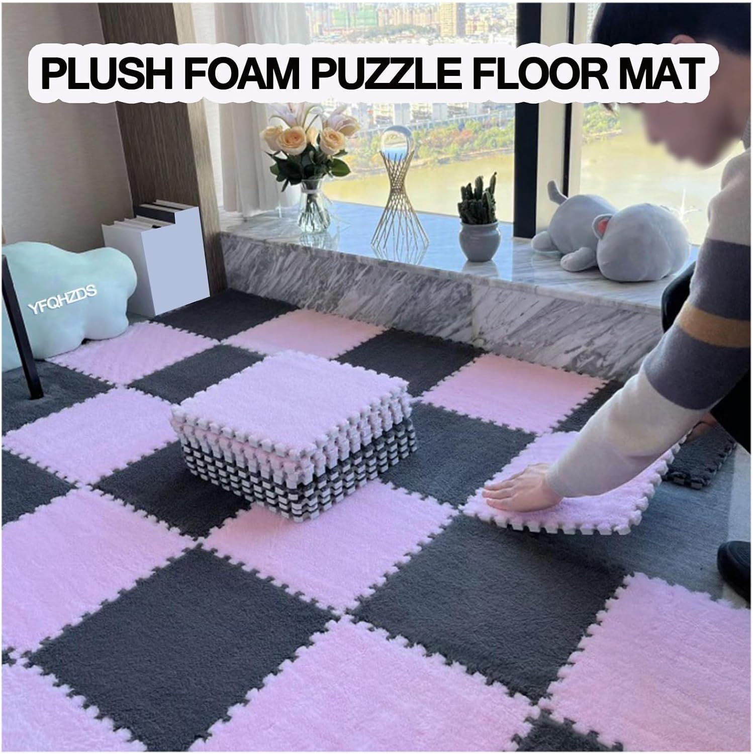 36 Pcs Plush Puzzle Foam Floor Mat Carpet, Velvet Patchwork Rugs Shaggy Interlocking Foam Carpet Tiles, Thick 0.4" Fluffy Eva Floor Protectors Mat(Pink+White)