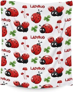 Ladybug Blanket for Girls - 40 x 50 Inches Cute Lady Bug Blanket for Boys - White Fuzzy Warm Decor for Couch, Sofa