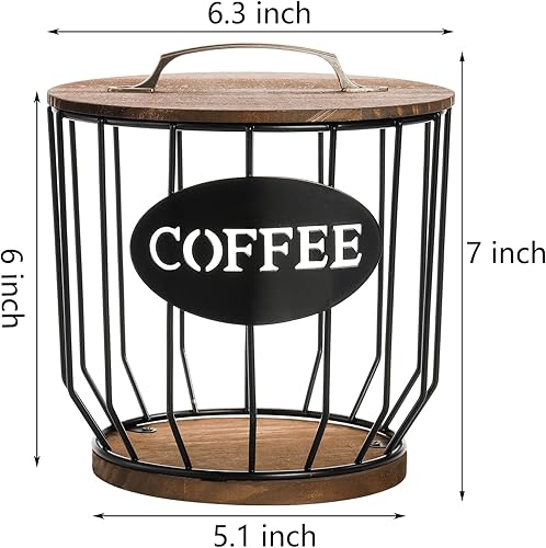 Miniatura 2 de yarlung Soporte para cápsulas de café con tapa, soporte para tazas K de gran capacidad con base de madera rústica, cesta de almacenamiento de café