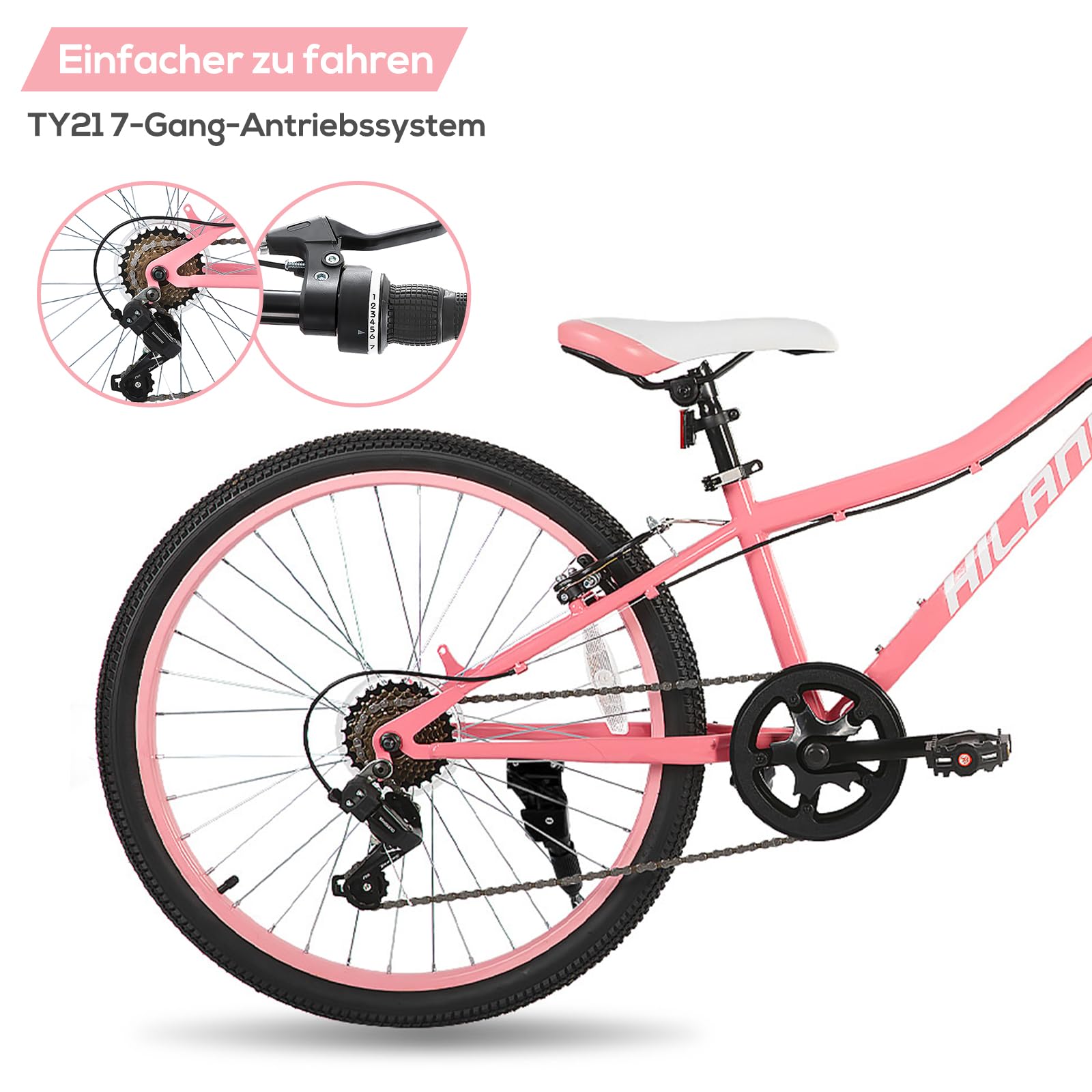 Hiland Climber 24 Zoll Kinderfahrrad, 7 Gang Kinder Mountainbike, Jugend MTB mit Federgabel, V-Bremsen Mountainbike für Jungen Mädchen, Schwarz/Blau/Mintgrün/Rosa
