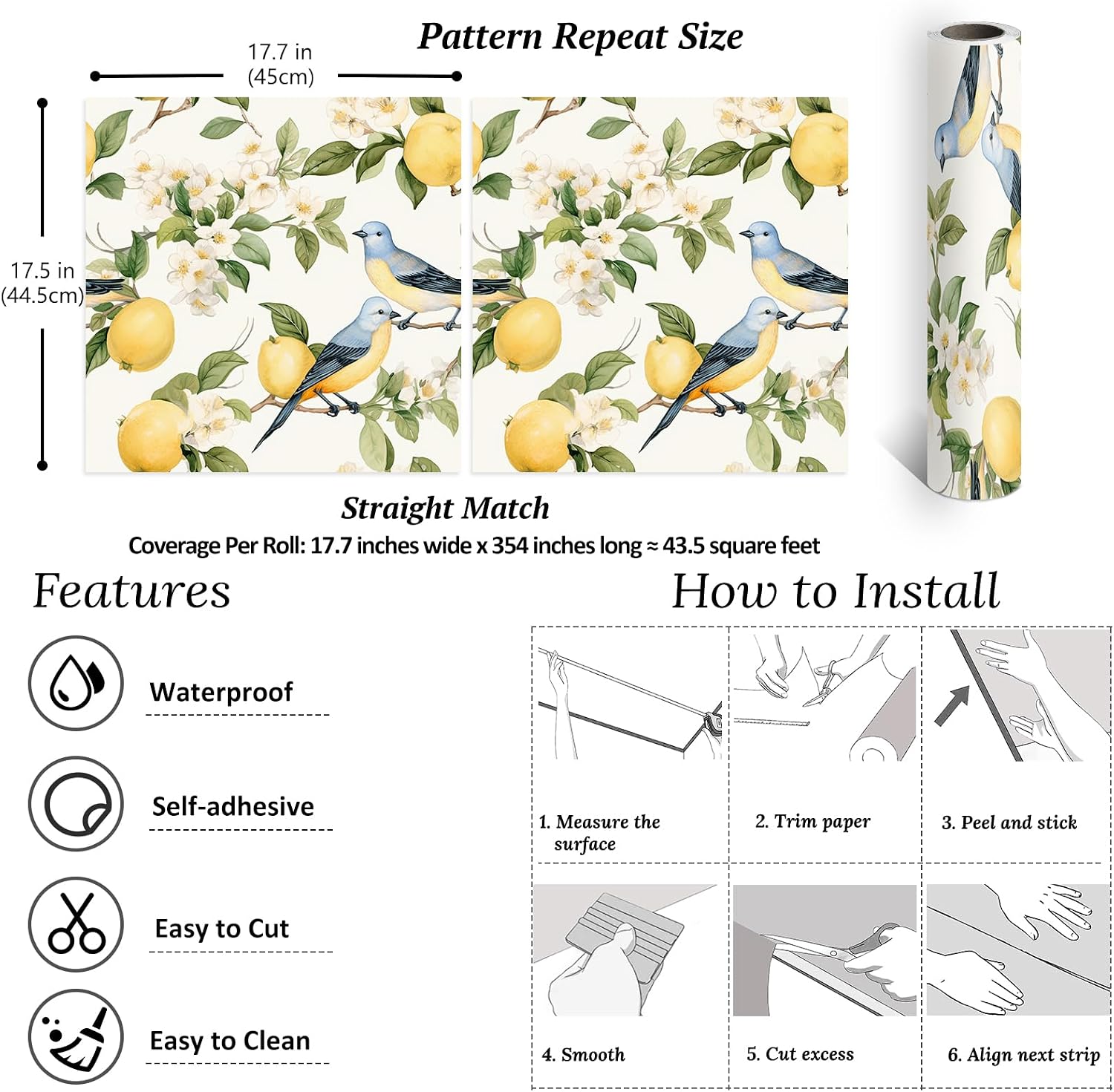 VEELIKE Floral Bird Peel and Stick Wallpaper Vintage Lemon Wallpaper for Kitchen Bedroom Powder Room 17.7''x354'' Removable Chinoiserie Wall Paper Self Adhesive Lemon Contact Paper for Cabinets Walls