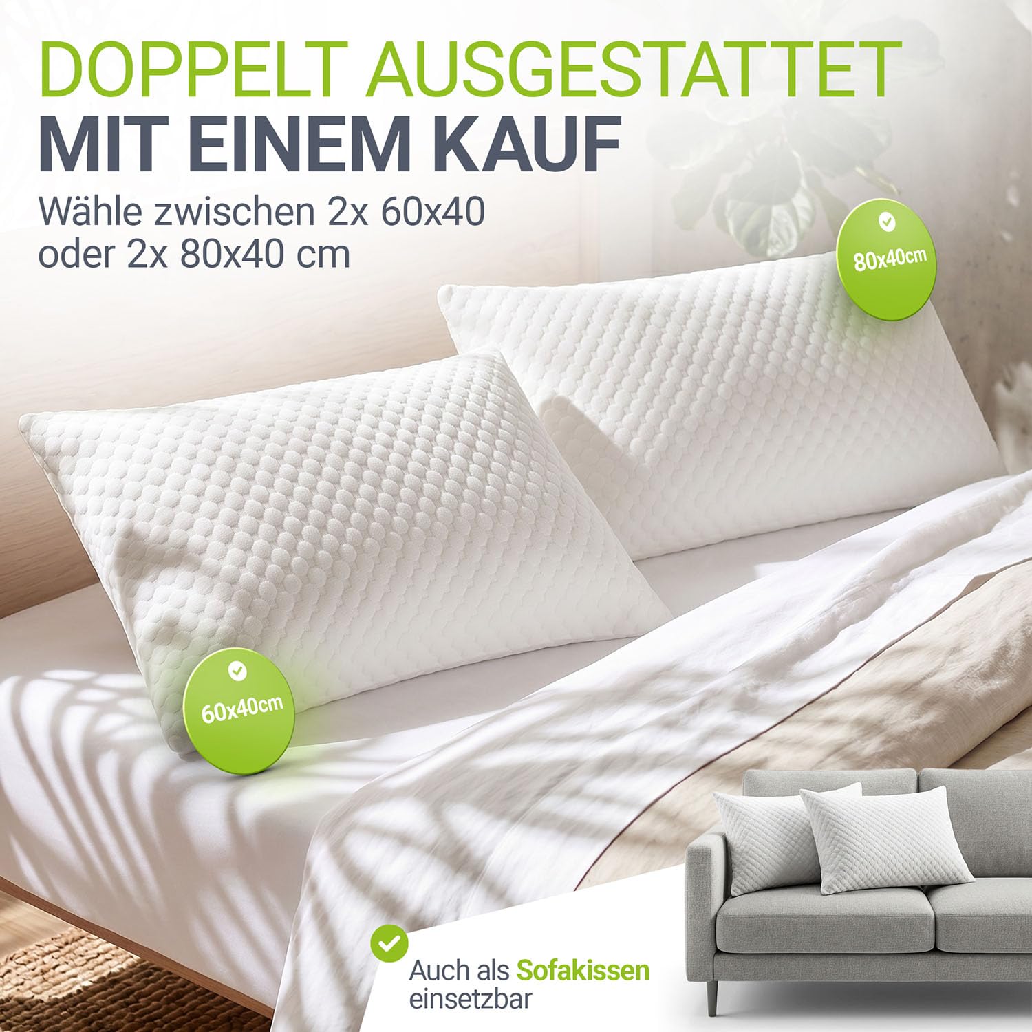 Juskys Kopfkissen 2er Set 40x80 cm – Memory Foam Kissen mit atmungsaktiver Füllung & waschbarem Bezug – Weiß