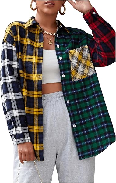 Floerns Women's Tartan Color Block Blouse