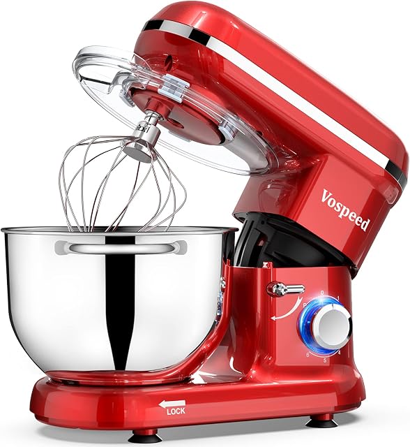 Stand Mixer, Vospeed Food Mixer Dough Blender, 6 QT 1500W Electric Cake Mixer with Bowl, Beater, Hook, Whisk, Egg Separator & Silicone Spatula, Dishwasher Safe (Red)