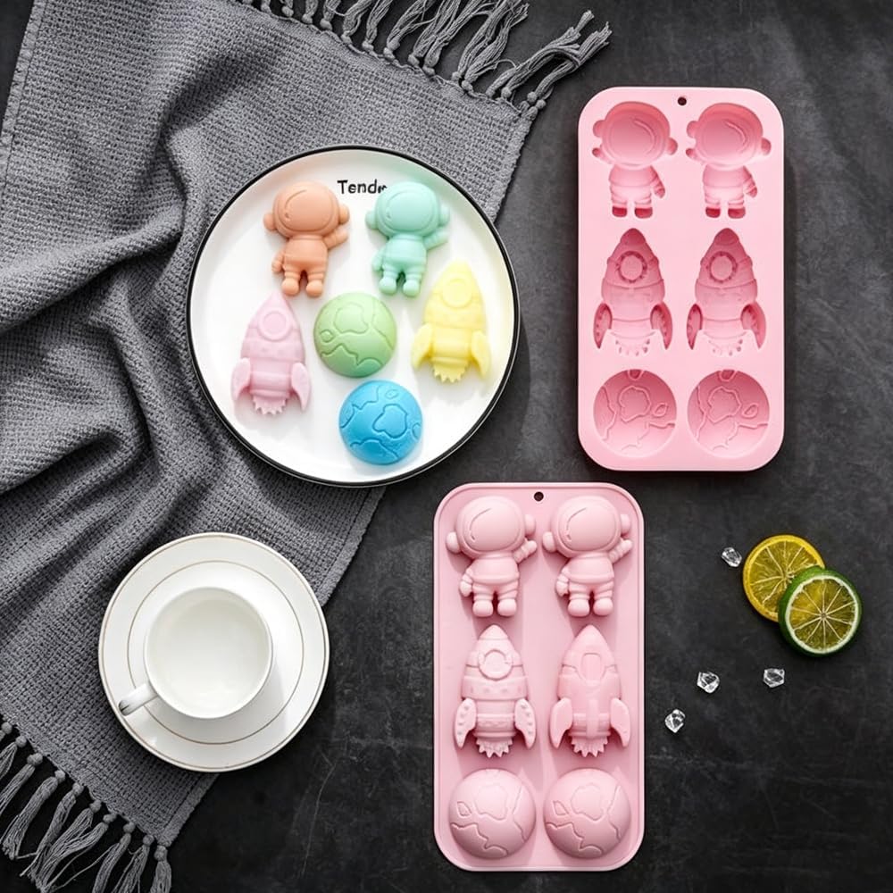 2 Pack Space Theme Silicone Cake Molds Astronaut Rocket Earth Tray