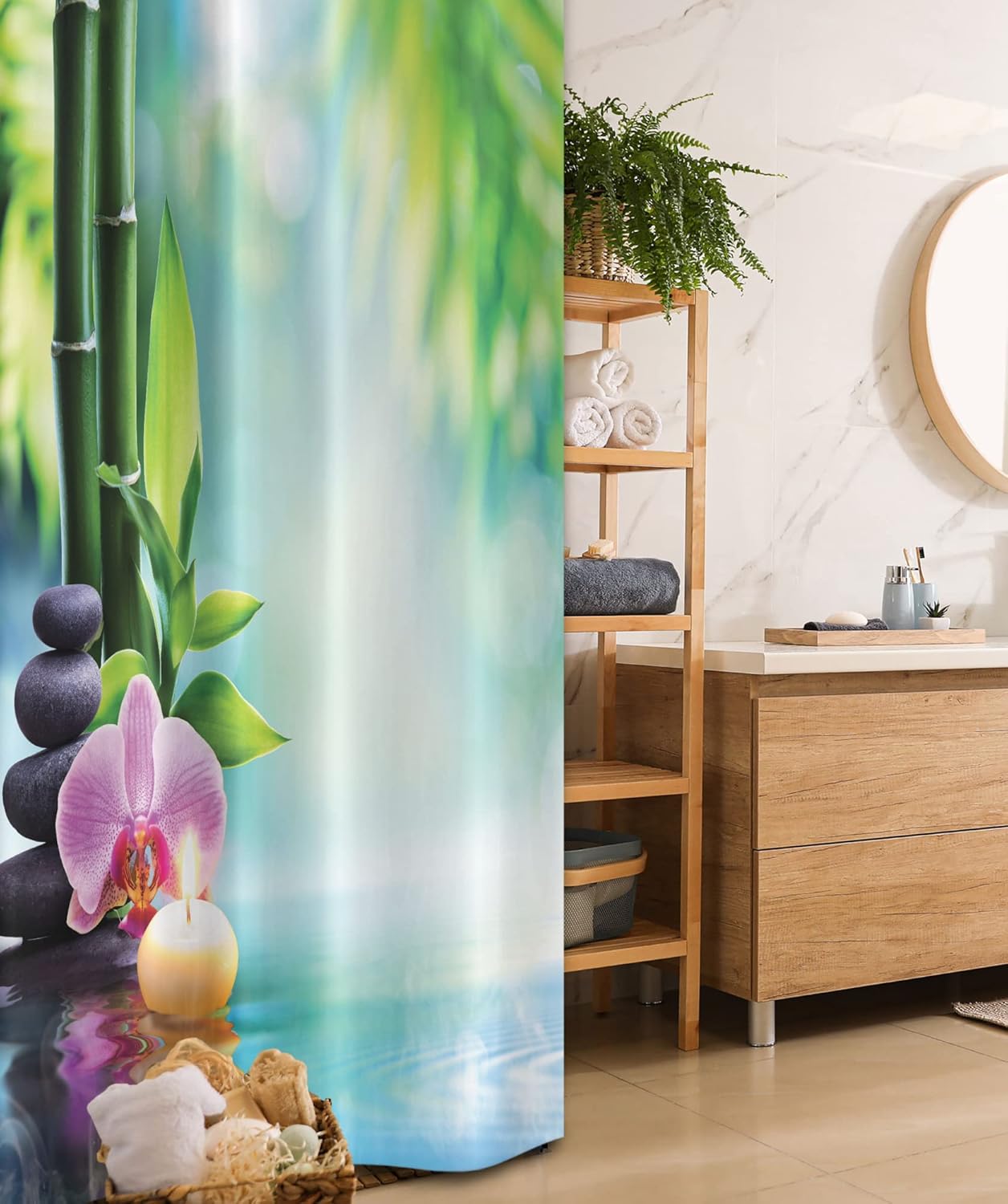 Ambesonne Spa Stall Shower Curtain, Symbolic Features Candle and Bamboos Tranquil and Thoughtful Life Nature Print, Fabric Bathroom Decor Set with Hooks, 36" W x 72" L, Blue Black