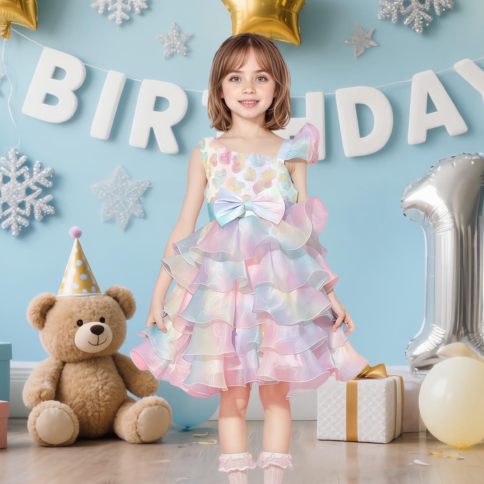 Vestido de Verano sin Mangas para Niña,Vestido de Princesa de Tul Arcoíris,Adecuado para la Fiesta de Cumpleaños de la Dama de Honor de la Niña de Las Flores de la Boda,Apto para Niños de 4 a 8 Años