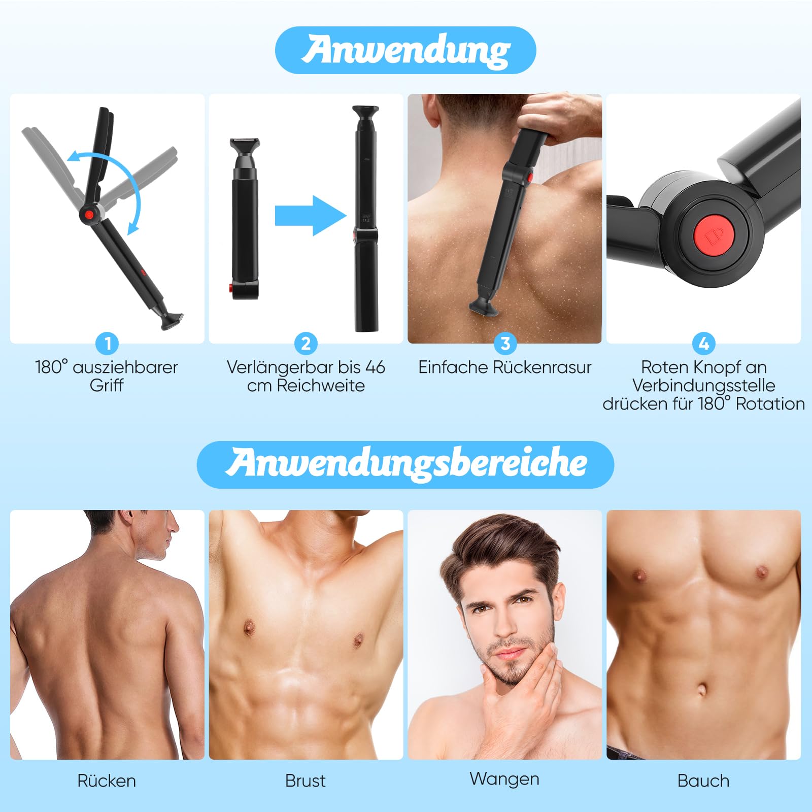 Rückenrasierer für Männer, Herren-Rückenrasierer Körpertrimmer Elektrischer mit 2 Scherköpfe & Armverlängerung, Faltbare Herren Körperrasierer für Rücken-, Gesichts-, Brust- & Schulternpflege