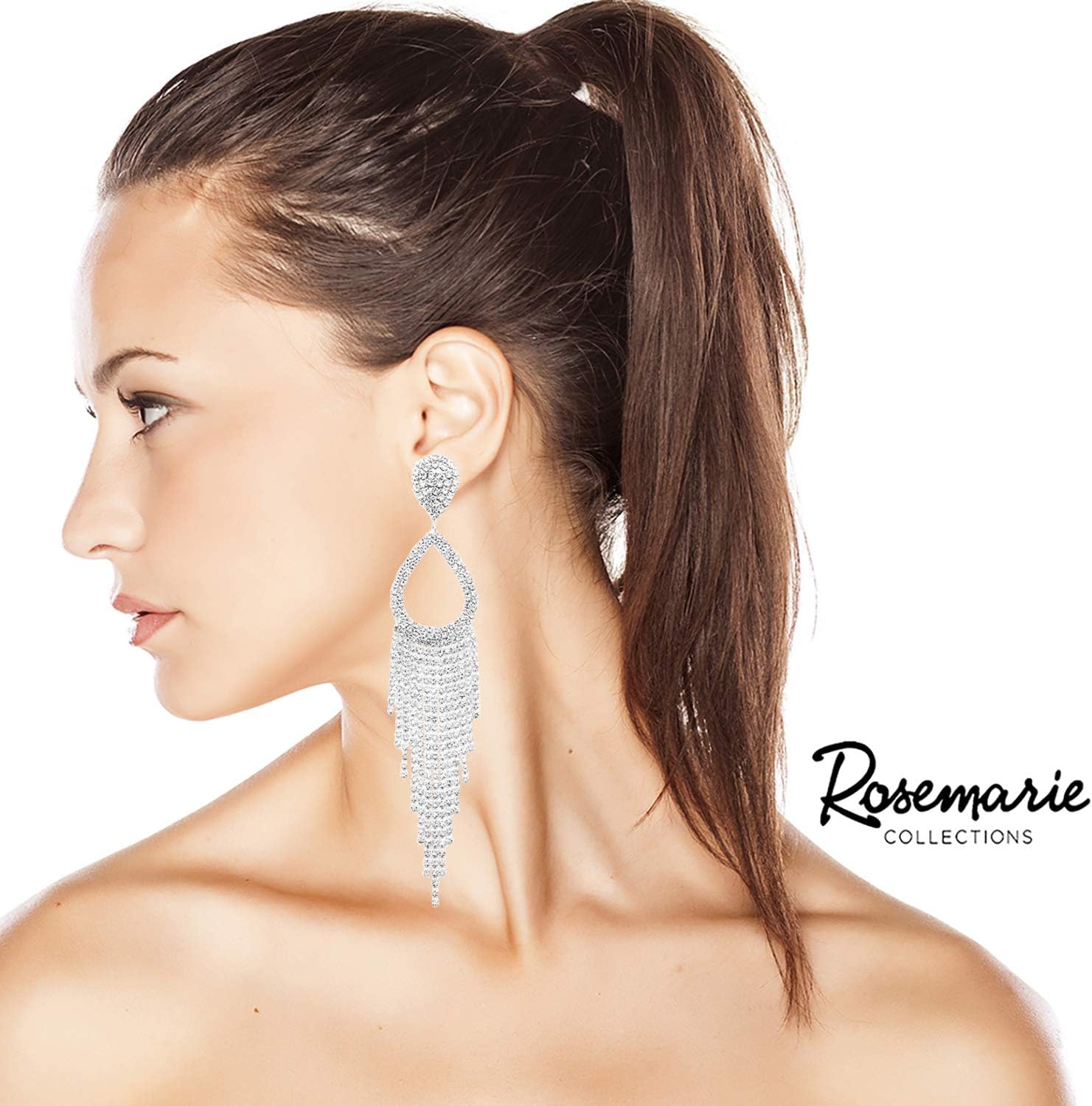 Rosemarie Collections Women's Stunning Bejeweled Crystal Rhinestone Teardrop Fringe Statement Shoulder Duster Earrings, 5.75"