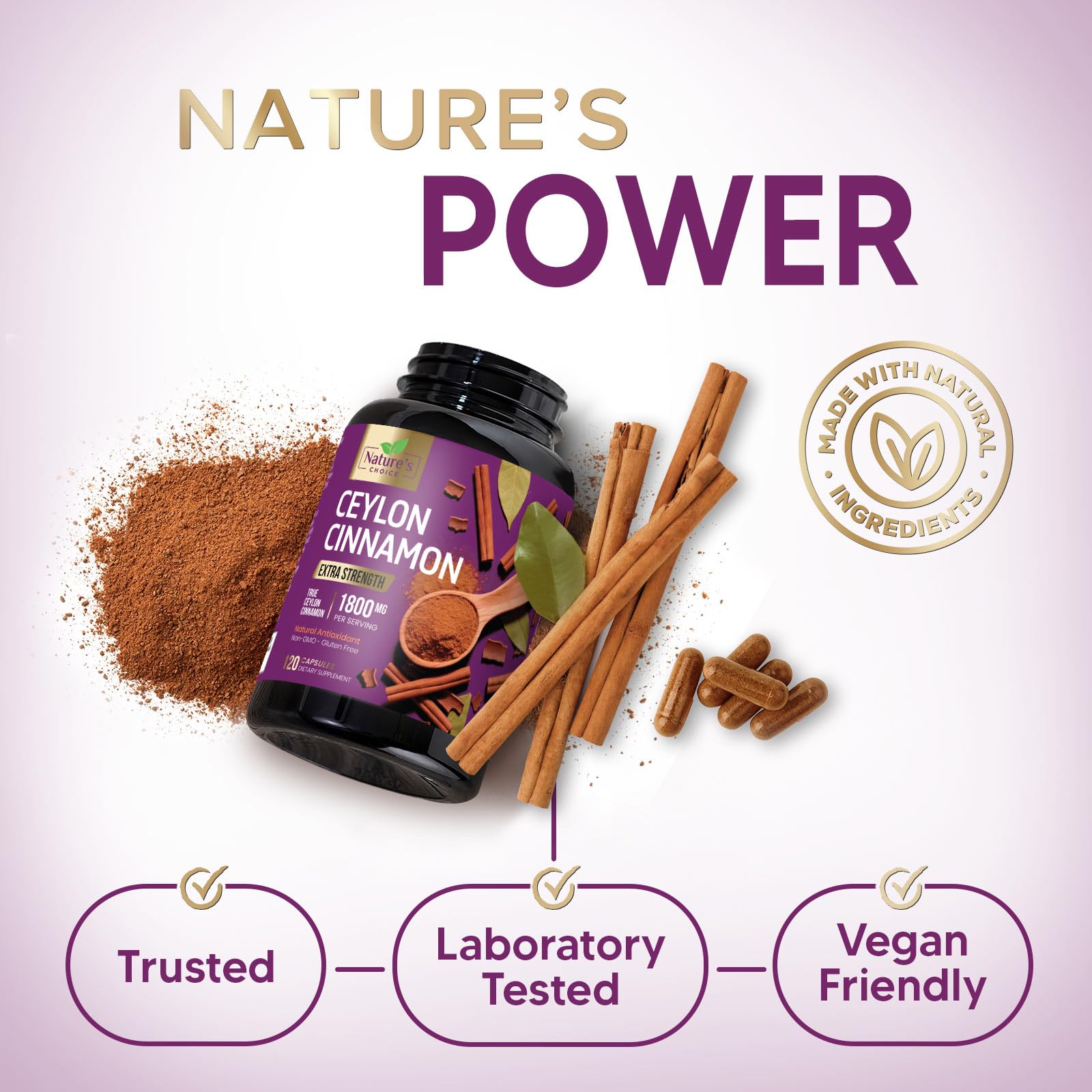 Ceylon Cinnamon Capsules - Certified Organic Ceylon Cinnamon Powder - 100% Extra Strength Cinnamon Pills - Energy & Heart Support - Gluten Free & Sugar Free Supplement - Bottled in USA - 120 Capsules — Amazon image 6