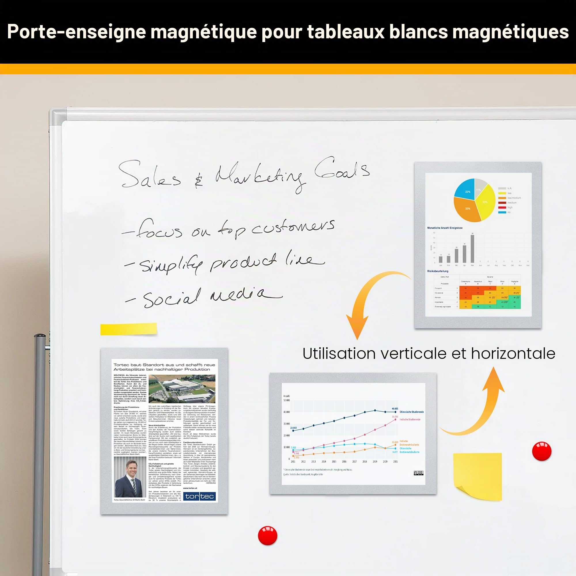 Lot de 20 porte-panneaux magnétiques A4 pour réfrigérateur, cadres d'affichage magnétiques pour tableaux blancs et surfaces métalliques, cadre photo, support pour papier documentaire, Argent