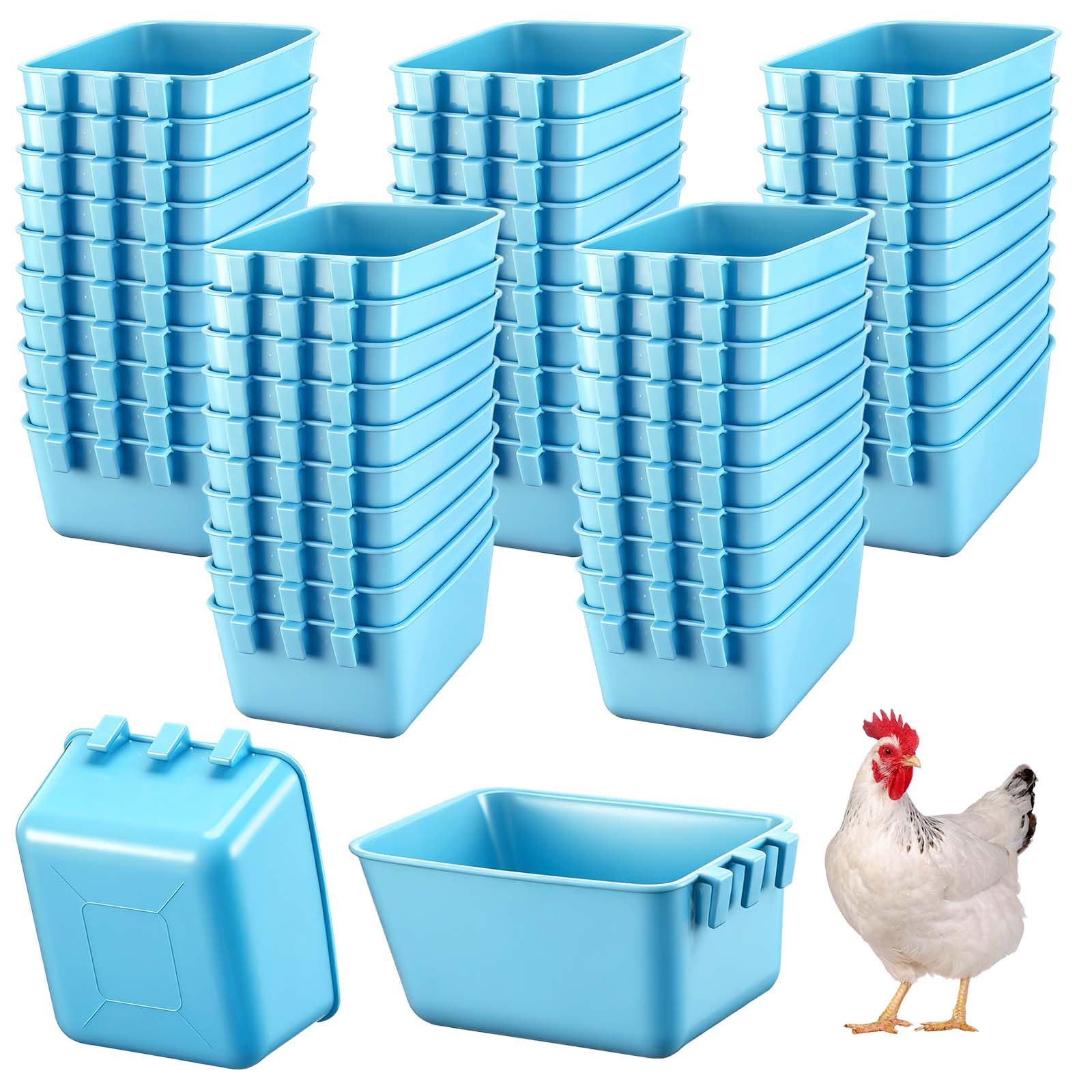 Maxdot 50 Pcs Cage Cups Chicken Feeder 16 oz Food Bowl, Sky Blue | Hanging Design in Poultry Cages, Suitable for Parrot Rooster Parakeet Pigeon Bunny, Plastic Dish, Food and Water Compatible