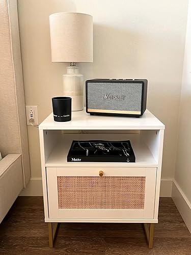 Miniatura 7 de Nathan James Mina - Mesa auxiliar auxiliar de madera de ratán con almacenamiento para sala de estar o dormitorio, juego de 2, blancodorado