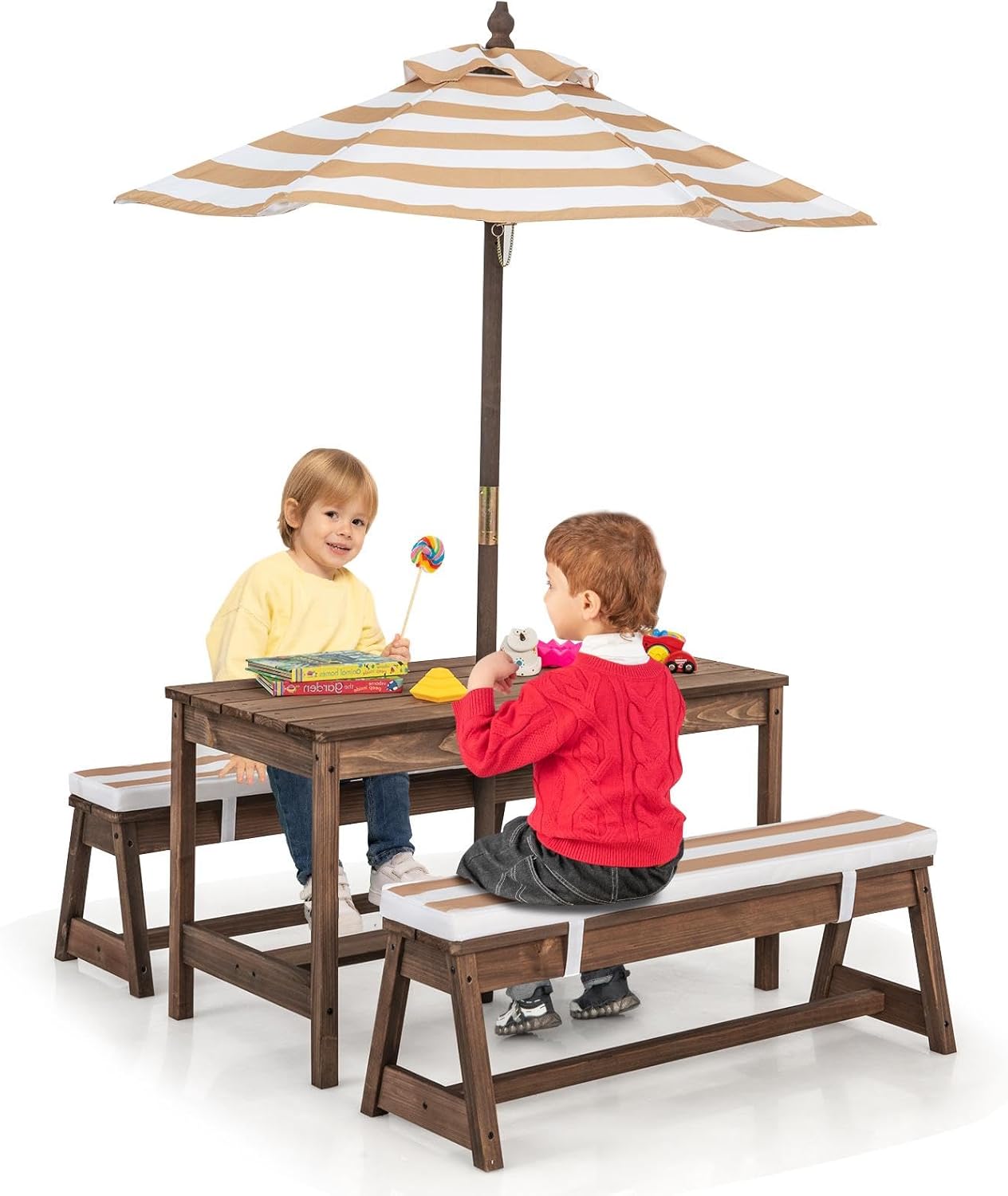 GLACER Kids Picnic Table, Wooden Kids Outdoor Table and Chairs/Adjustable Umbrella, Removable Cushions, Kids Outdoor Furniture, Toddler Picnic Table for Patio, Backyard (Light Brown)