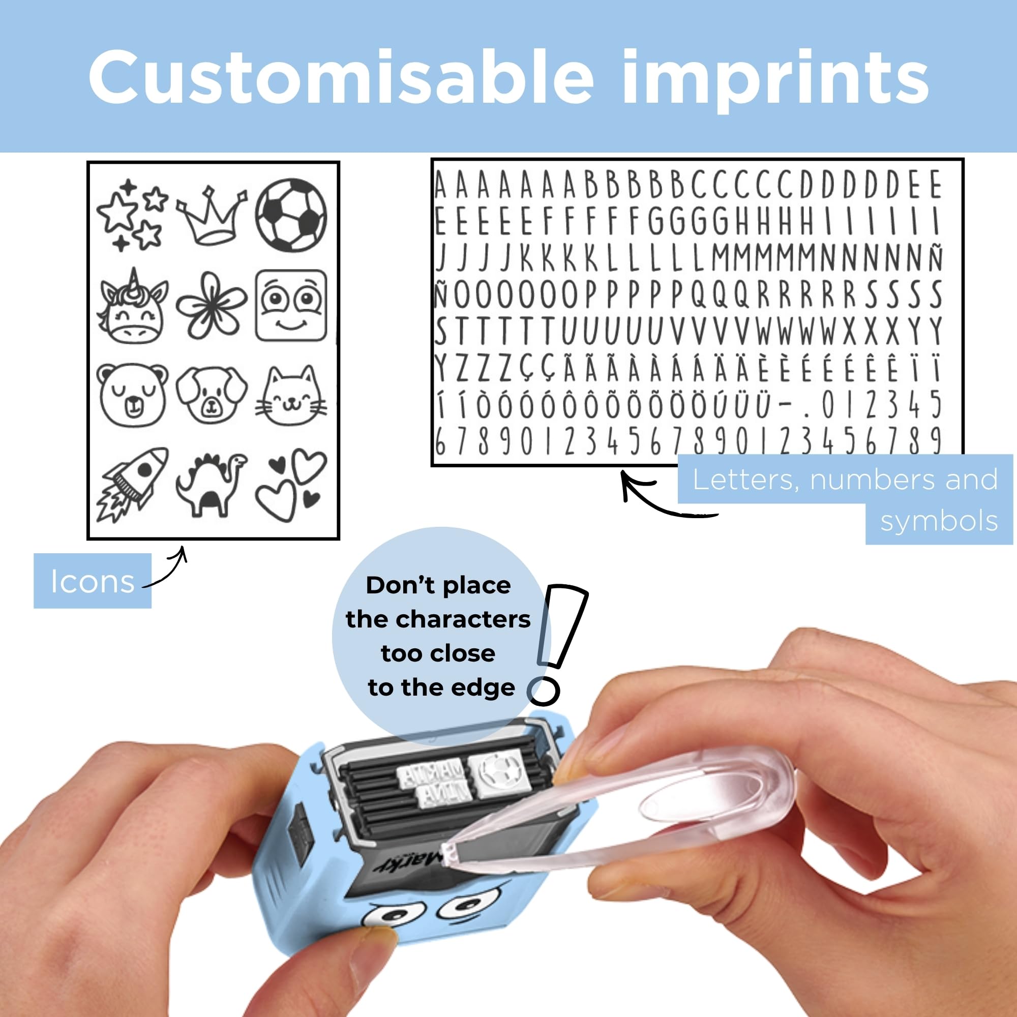 Sello Personalizable para Niños con Tinta 1000 Impresiones Kit Etiquetas Cinta Termoadhesiva Azul