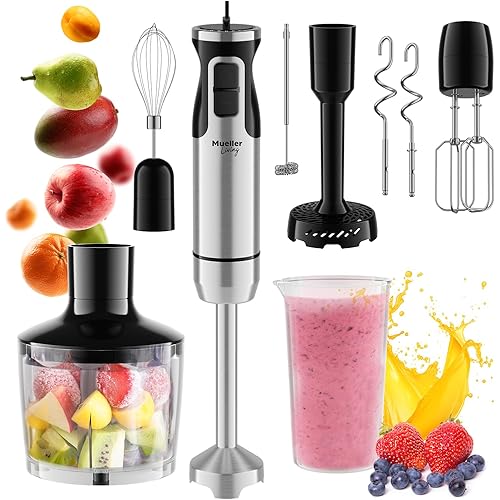 MuellerLiving Immersion Hand Blender Full Set - 8 Speed Immersion Blender, Hand Mixer with 7 Attachments: Stainless Steel Blade, Whisk, Milk Frother, Beater, Mixing Hooks, Potato Masher, Chopper Bowl