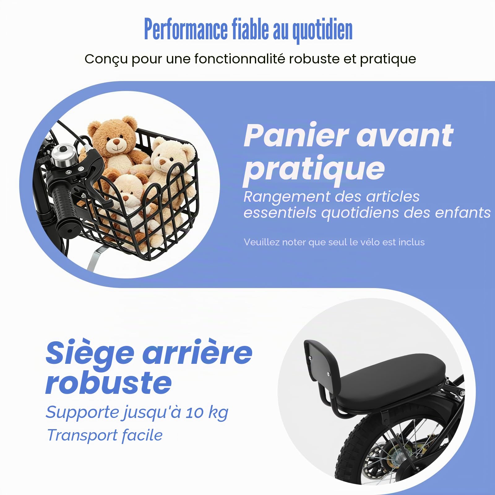 Vélo enfant 14 pouces pour garçon et fille, vélo avec roues stabilisatrices, panier avant et dossier, hauteur réglable, vélo pour enfant à partir de 4 ans en acier au carbone de haute