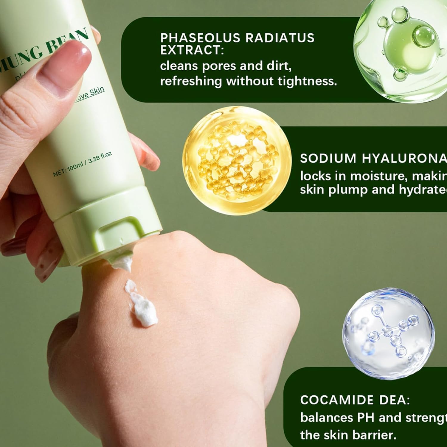 Schiuma detergente bilanciata per fagioli mung Detergente per il viso a pori profondi Esfoliante delicato Detergente per il viso idratante lenitivo per tutti i tipi di pelle (1Pezzo)