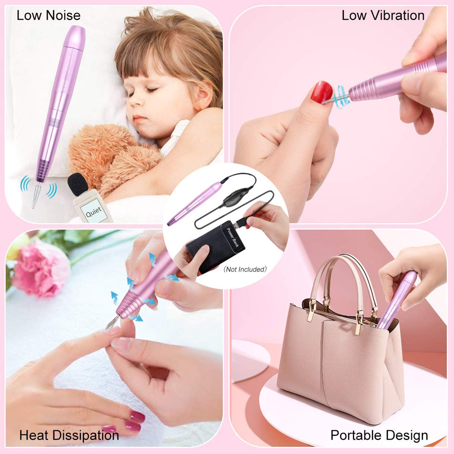 Morovan Nail Drill Electric Nail Drill Machine Kit - Professional Portable Nail Drill For Acrylic Nails USB Nail File Buffer with Sanding Bands Nail Drill Dits Manicure Polishing Acrylic Nail Tools