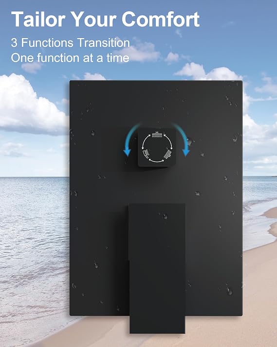 Matte Black 3-Function Shower System with 10 Rainfall & 6 Secondary Shower Head, Handheld Combo Set, Wall Mounted cUPC Certified Pressure Balance Valve