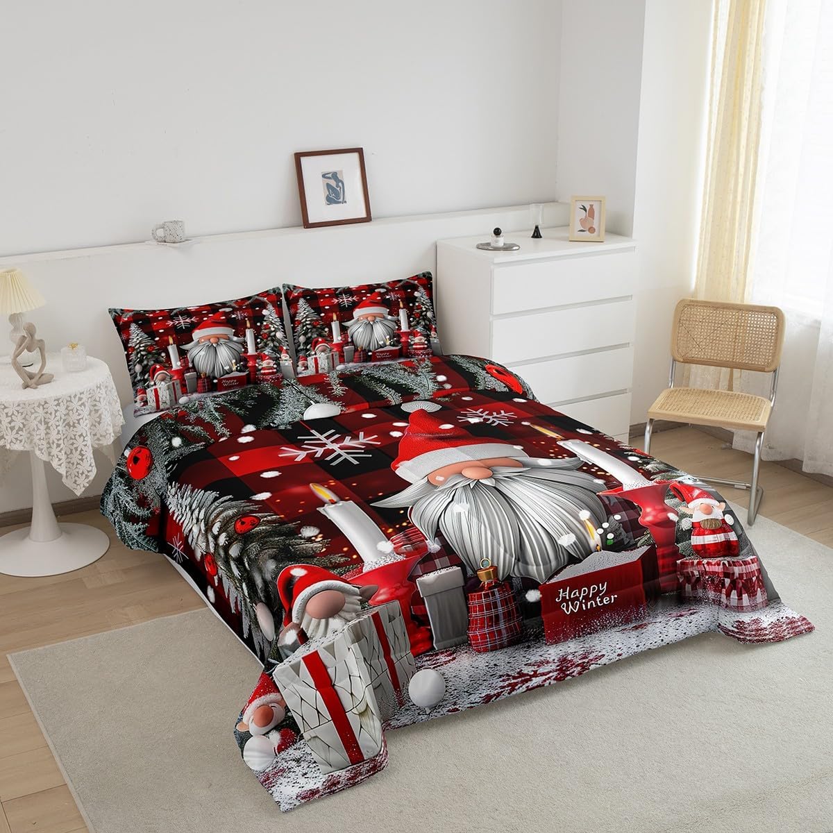Erosebridal Merry Xmas Comforter Set Queen for Girls, Christmas Decor Bedding Set Santa Claus Gnome Quilt for Kids Boys Child, Snowflake Geometric Grid Plaid Duvet Sets Christmas Tree Bedroom Decor