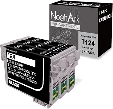 NoahArk 3 Packs T124 Remanufactured Ink Cartridge Replacement for Epson 124 use for Epson Stylus NX125 NX127 NX130 NX230 NX330 NX420 NX430 Workforce 320 323 325 435 3 Black