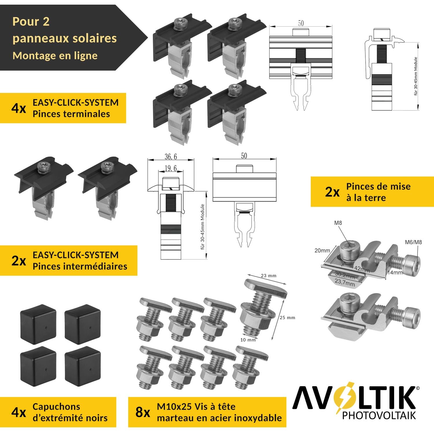 Support solaire pour toit en tuiles | Kit de montage pour 2 panneaux I Lot de crochets de toit en acier inoxydable 3 fois fixés. Pinces de rail de montage en aluminium