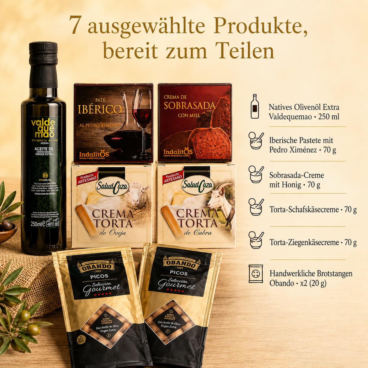 Geschenkkorb gefüllt für Frauen mit spanischem Olivenöl 250 ml, Iberische Pastete, Sobrasada, Käse-Aufstriche & Picos – Geschenkidee Muttertag, Geburtstag, Dankeschön (7 Stück)