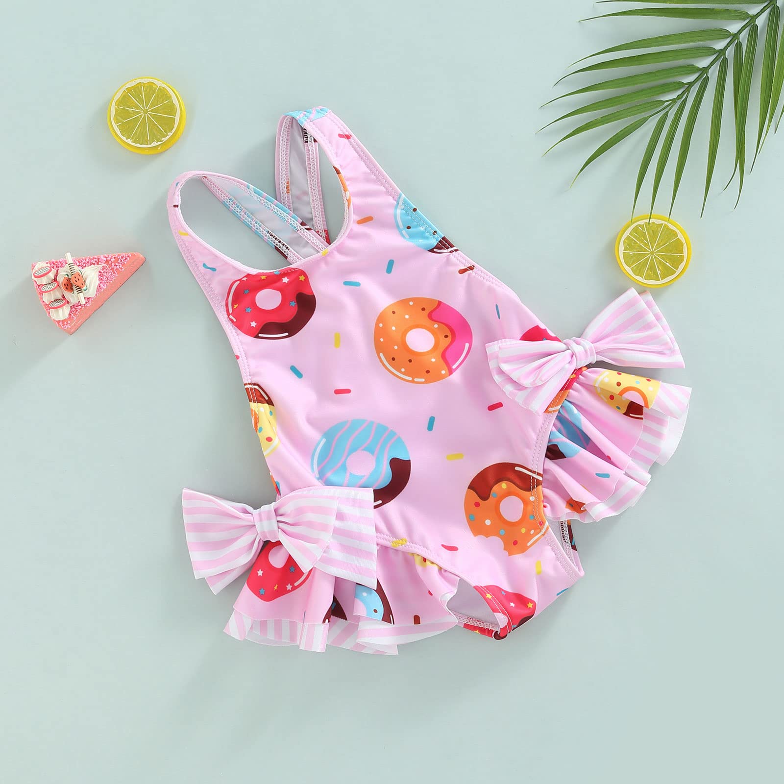 Yccutest Toddler Baby Girl One Piece Swimsuits Sweet Print Ruffles Bikini Suspender Bowknot Swimwear Bathing Beach Outfits (Donut,3-4 Years)