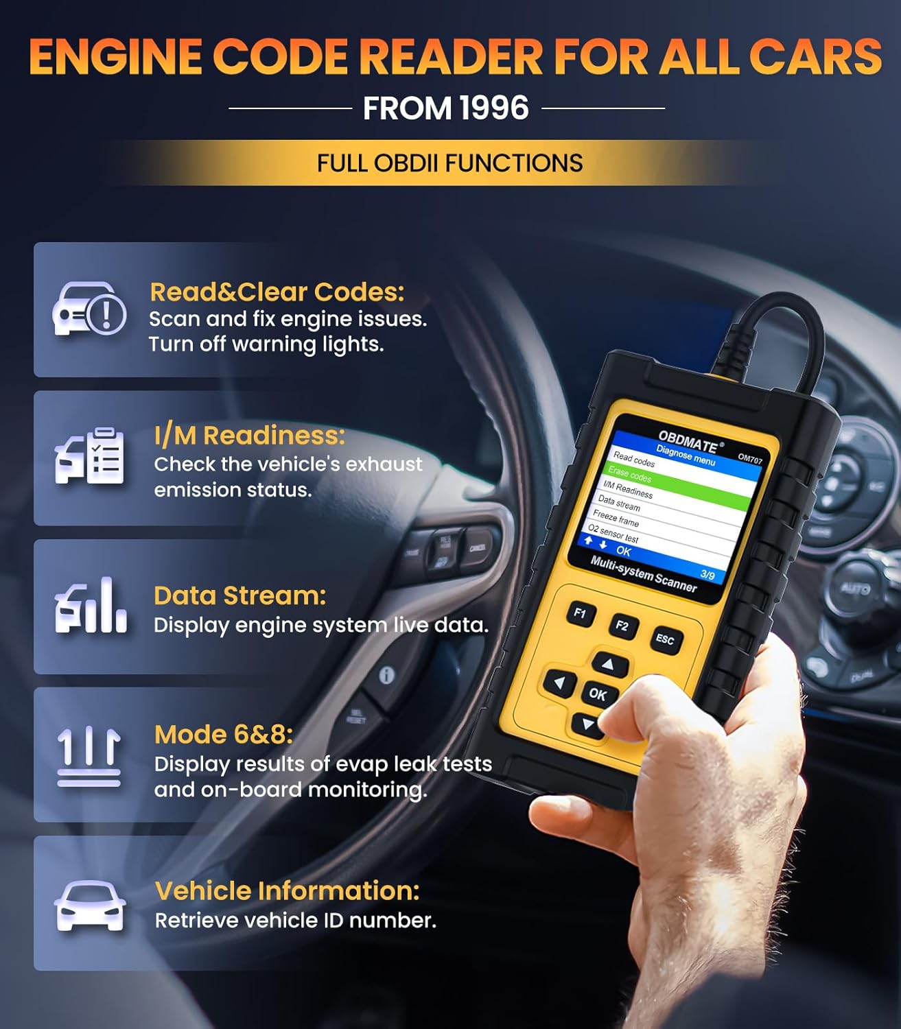 OM707 OBD2 Scanner for Honda Acura, Full Systems Diagnostic Tool, 15 Popular Reset Services, Auto VIN, Battery Test, One-Key I/M Readiness, No Subscriptions Lifetime Update