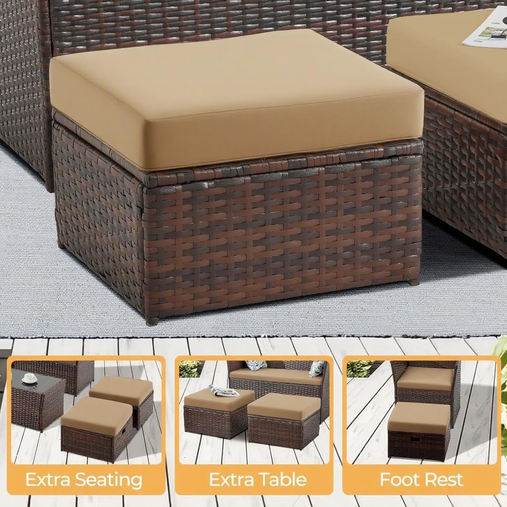 FHFO 2 Pieces Outdoor Patio Ottoman, All Weather Rattan Footstool Footrest Seat with Removable Cushions for Wicker Patio Furniture(Brown-Brown)