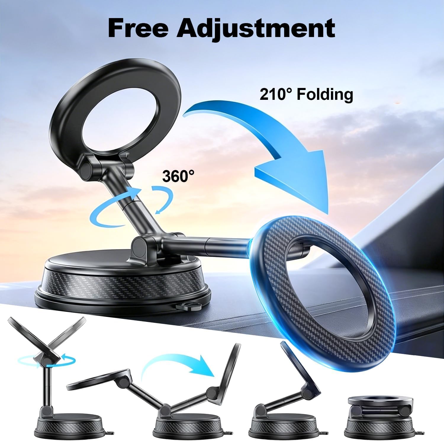 Uprosdik Black Magnetic Phone Holder for Car, Vacuum Suction & 3000gf Magnet, 360° Adjustable Dashboard Mount, Compatible with iPhone & Android — view 5