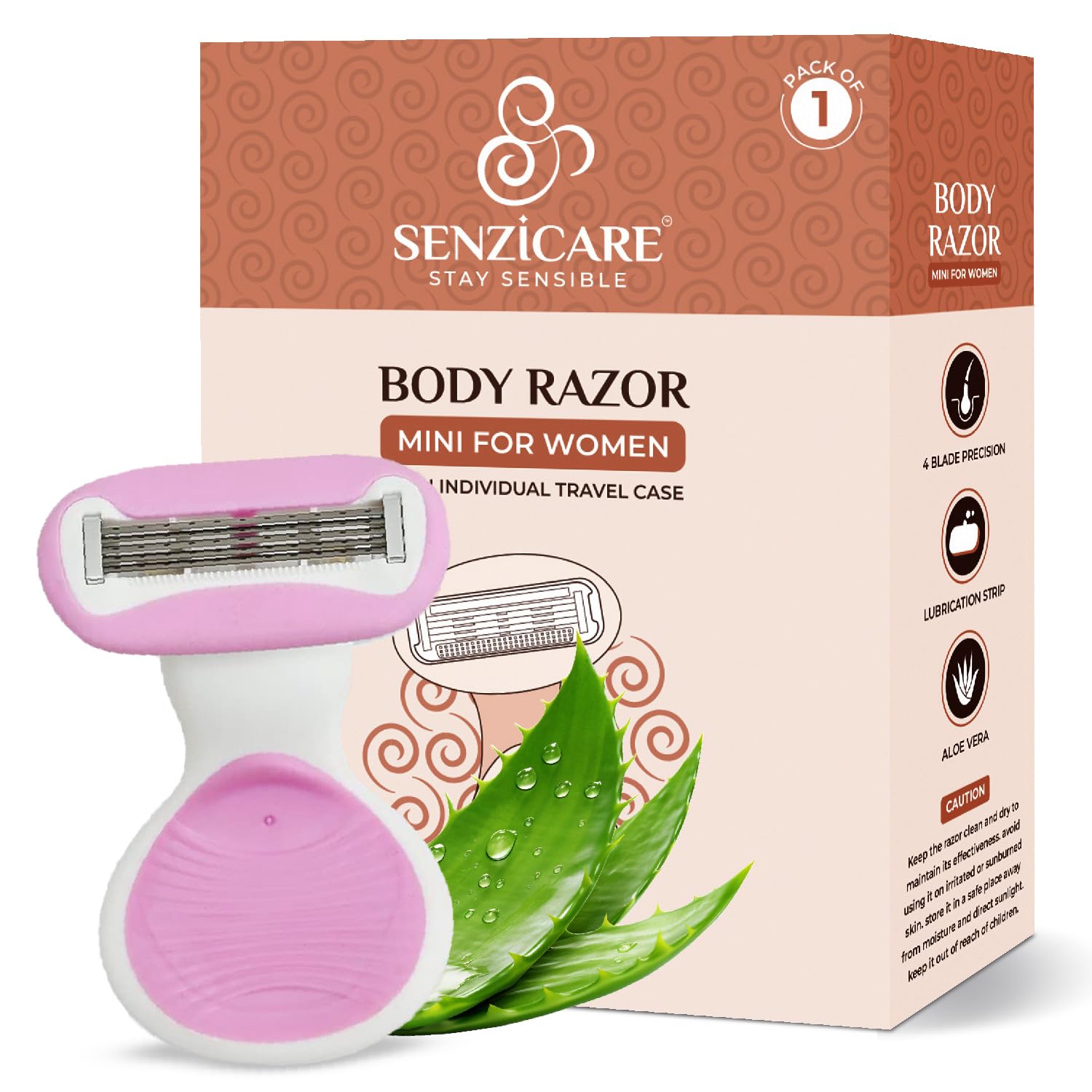 Senzicare Body Razor for Women's Hair Removal | 4-Blade Precision | With Travel Case | Aloe Vera & Vitamin E (Body Razor)
