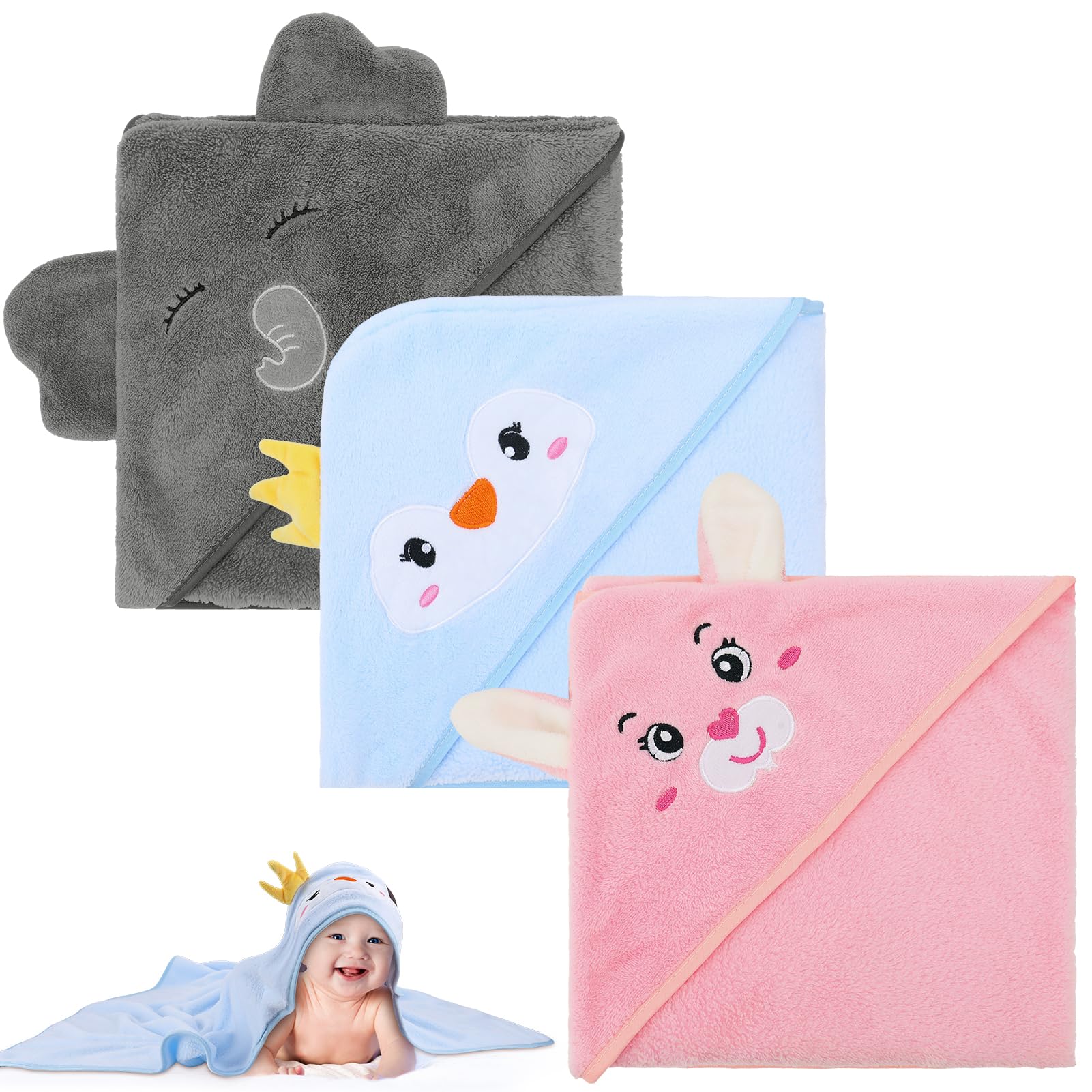 Kaisibum 3 Stück Baby Handtuch mit Kapuze - Korallenplüsch Badetuch 80 x 80 cm für Unisex(Grau + Blau + Rosa)