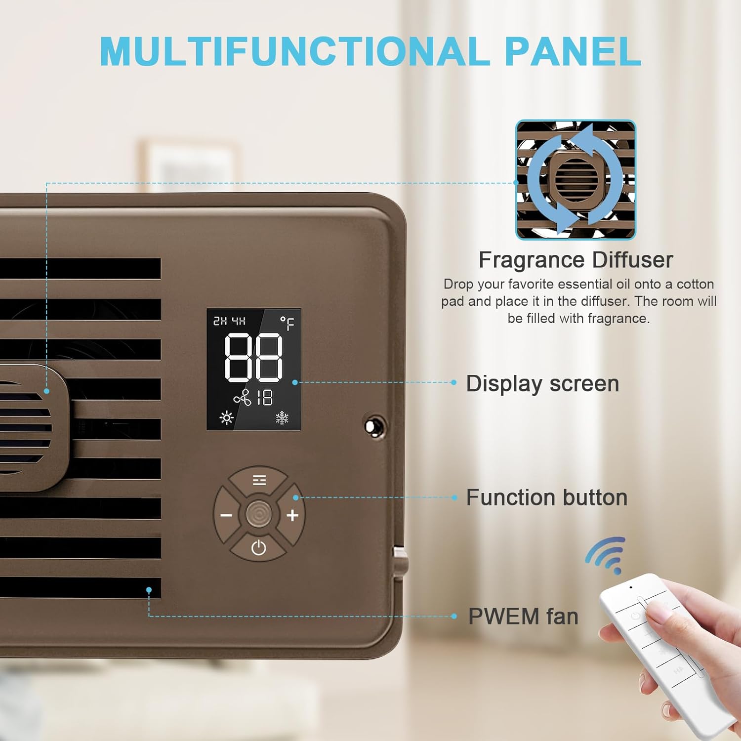 Register Booster Fan for 4" x 10" Vents Only, 10 Speeds to Control Cool and Warm Airflow, Air Conditioning Vents with LED Screen Remote & Thermostat Control, for Room Walls & Floors (Brown) - Image 3