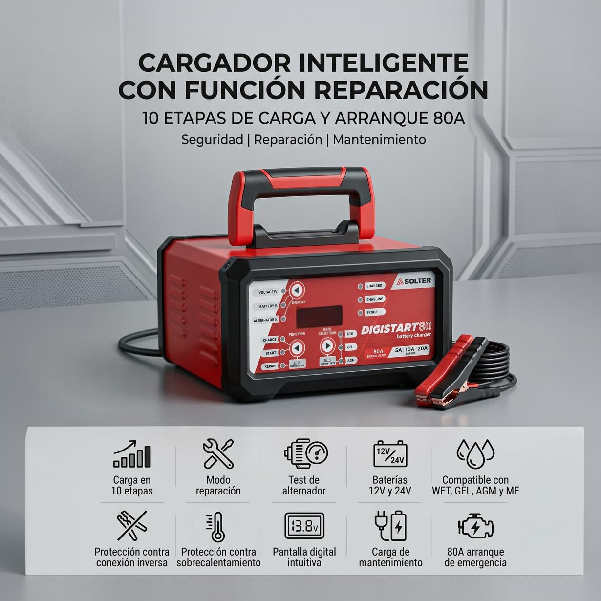 Solter Cargador arrancador baterías 12/24V, DIGISTART 80, Carga automática 10 etapas 5/10/20A, Arranque 80A 5 s, Modo reparación y Test alternador