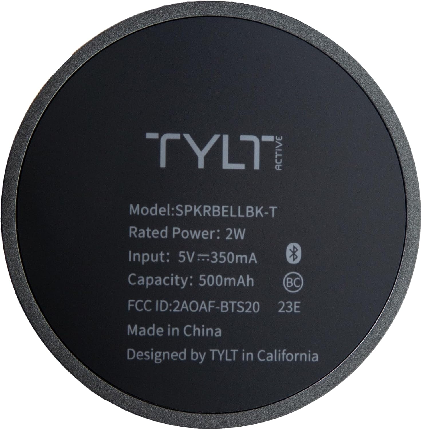 Bund view of the TYLT Bell speaker showing product information and certifications.